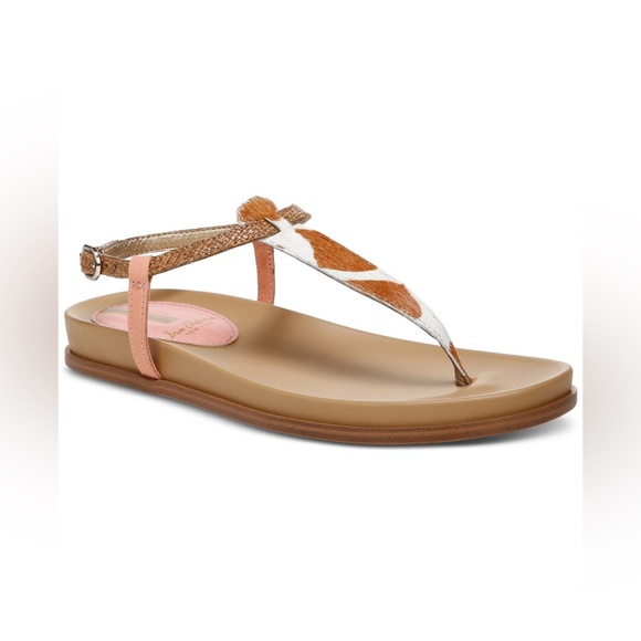 Sam Edelman Women’s Size 7.5 Tan Cow Print Fur T Strap Naomi Casual Sandals - Picture 1 of 14